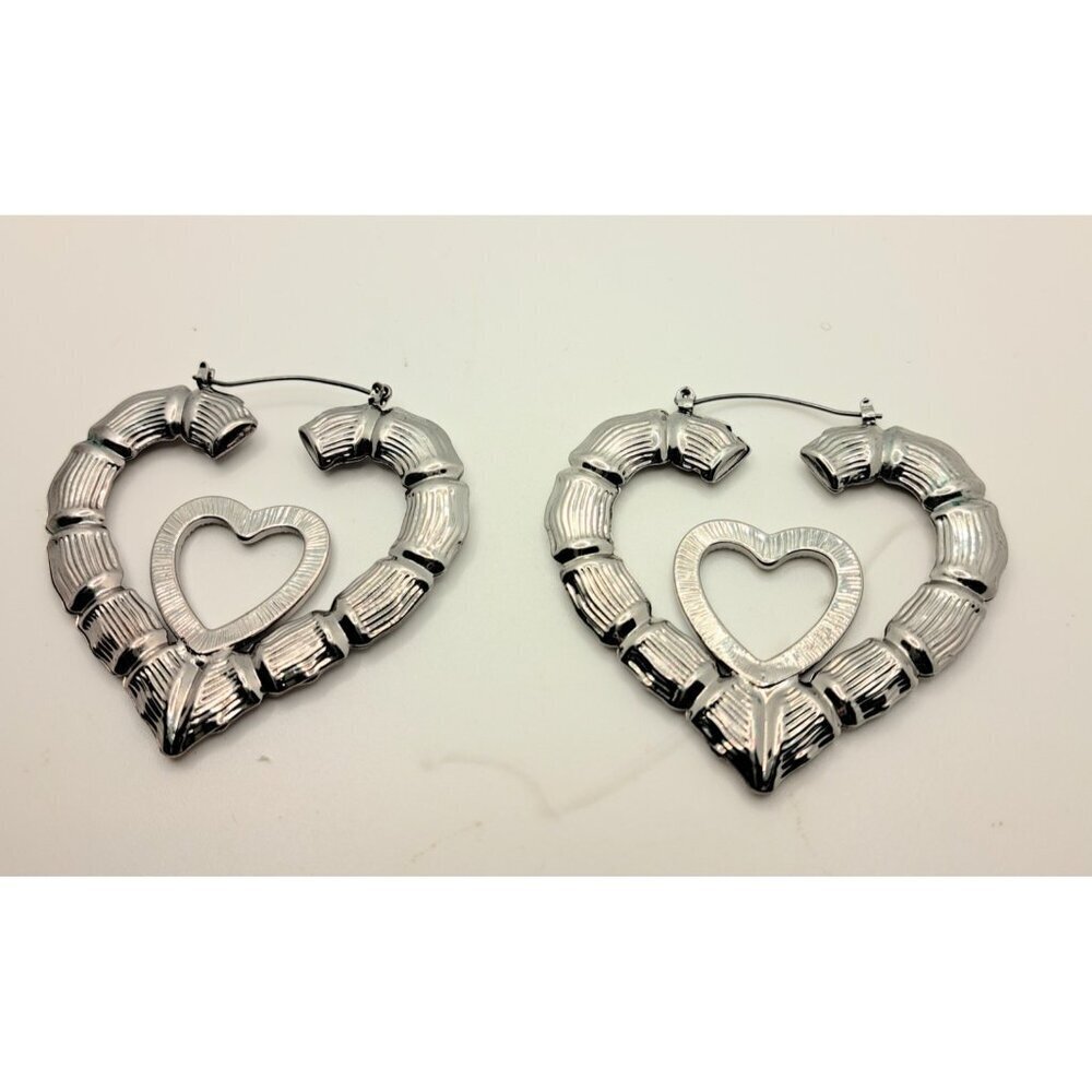 Ladies‎ Large Double Heart Shaped Earrings Silver Tone